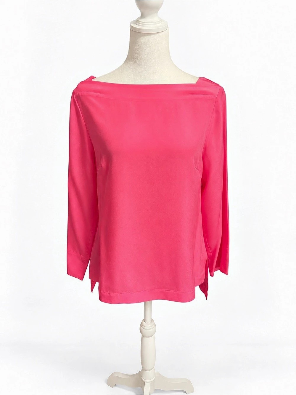 Trina Turk 100% Silk Bright Pink Boat Neck Long Sleeve Blouse Small